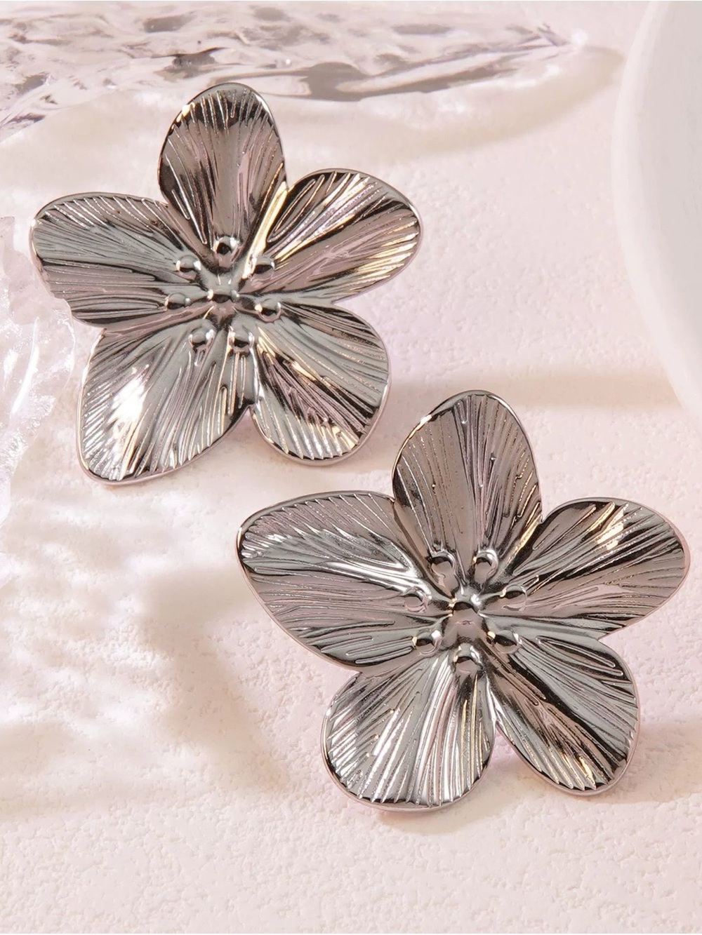 Polished Silver Floral Petal Earrings - Women Jewelry